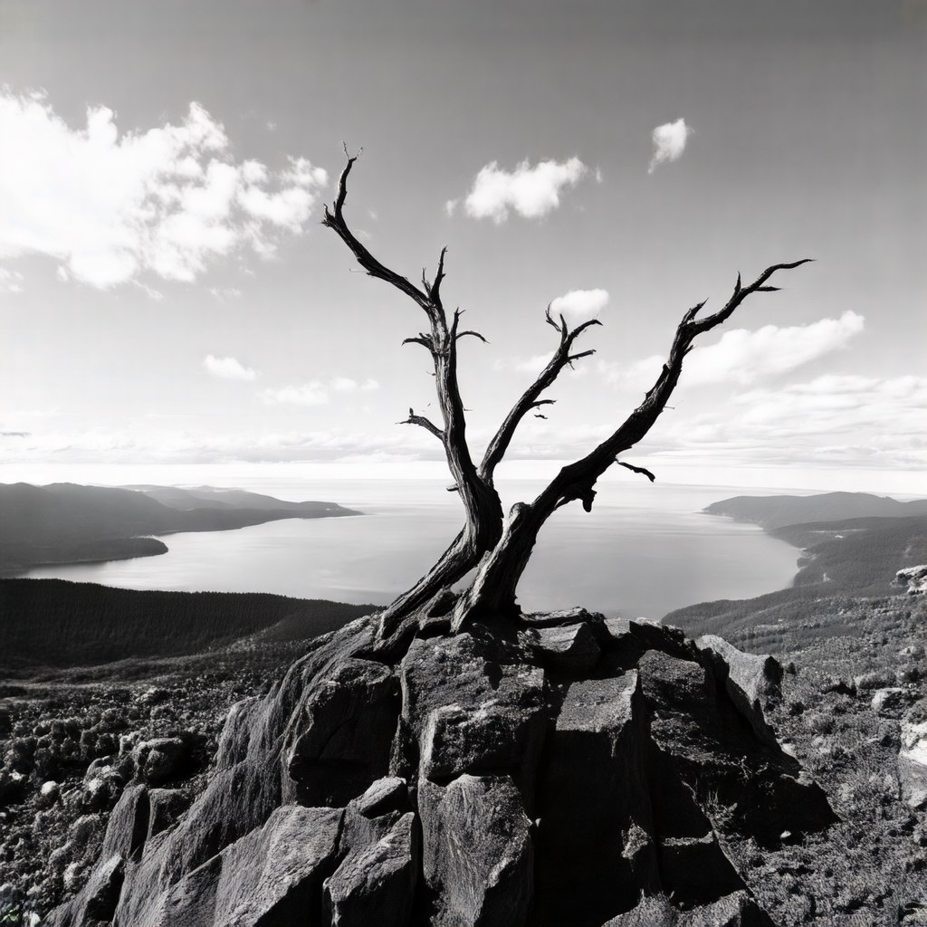 DA-VAE: black and white dead tree on cliff over lake