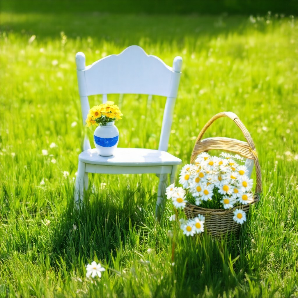 DA-VAE: white chair with daisies on green lawn