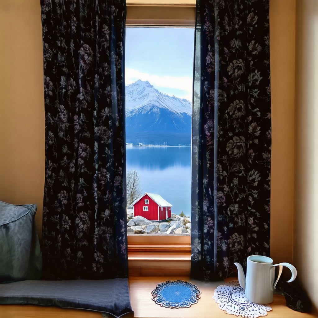 DA-VAE: window view of fjord with red cabin